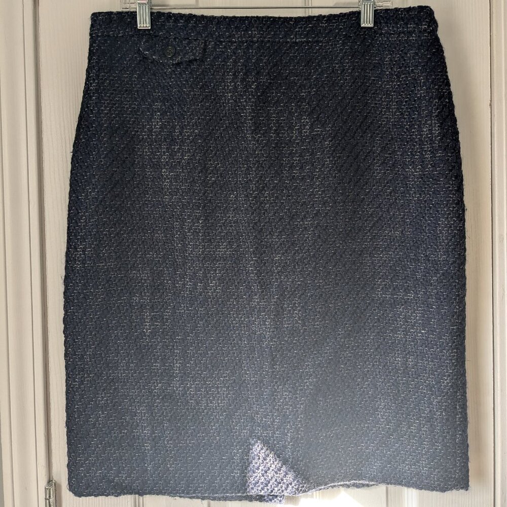 Women's J Crew Wool Blend Skirt, Navy Tweed, Pencil, Pocket Detail, Size 14